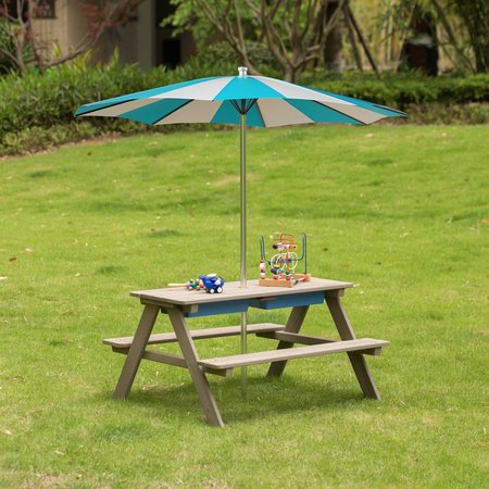 Gardenised Kids Picnic Play Table, Sandbox Table with Umbrella Hole and 2 Play Boxes with Removable Top, Gray QI004476